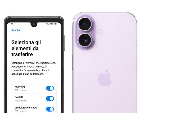 Due dispositivi affiancati: un Android con l’app Passa a iOS e un iPhone 17 mostrato da dietro, con sistema evoluto a doppia fotocamera in alto a sinistra