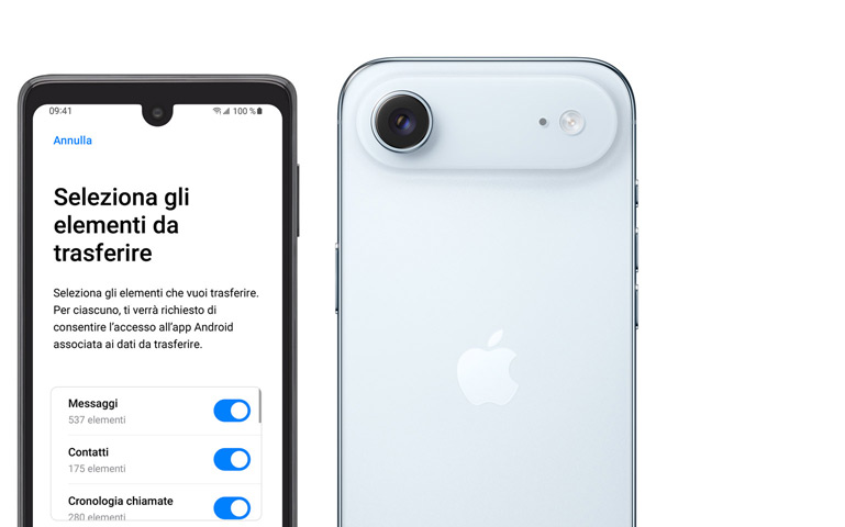 Due dispositivi affiancati; uno è un Android con l’app Passa a iOS, l’altro è un iPhone Air mostrato da dietro, sistema a singola fotocamera Fusion nel pannello in rilievo, flash della fotocamera