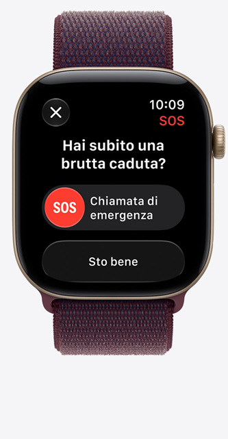 Apple Watch Series 12, cassa in alluminio color oro chiaro, il display mostra una notifica di brutta caduta, opzione di chiamata di emergenza, cinturino Sport Loop borgogna