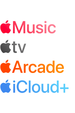 Apple Music, Fitness+, Apple TV, Apple News+, Apple Arcade, iCloud+를 포함한 Apple 구독 서비스 로고타입