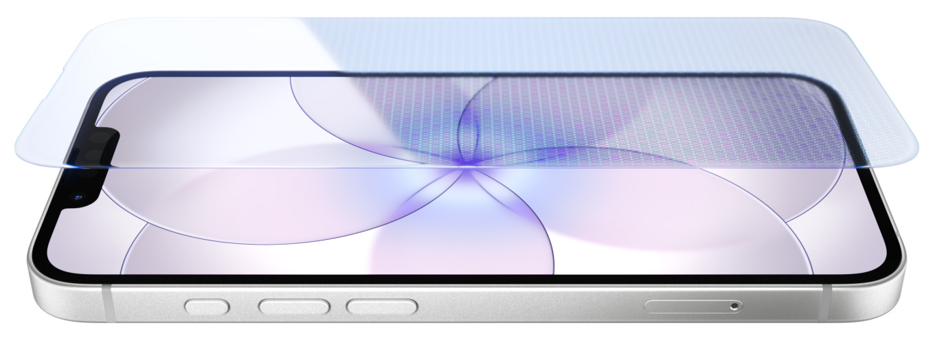 화이트 색상 iPhone 17e의 앞면과 옆면. Ceramic Shield 2 소재 앞면, 동작 버튼, 음량 버튼이 보입니다.