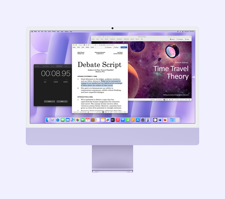 iMac morada: la pantalla muestra las apps Microsoft Word, Microsoft PowerPoint y Reloj