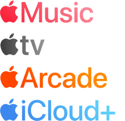 Una lista de los servicios de Apple: Apple Music, Apple TV, Apple Arcade y Apple iCloud Plus
