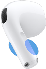 „AirPods 5“ ausinių išorė, mėlyni apskritimai pažymi, kur paliesti kotelį, norint valdyti garsumą