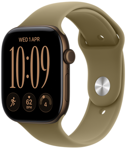 „Apple Watch Series 12“, aliuminio korpusas, tamsios bronzinės spalvos, modulinis kompaktiškas ciferblatas, rodmenys: diena ir data, bėgimo treniruotė, širdies ritmas, pasirengimo funkcija, dešiniosios pusės išorinė dalis, „Digital Crown“, šoninis mygtukas, sportinis dirželis, alyvuogių žalios spalvos