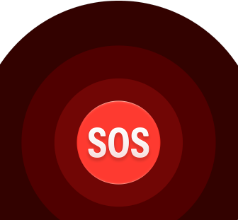 SOS signalo piktograma, vienas ant kito sudėti raudoni apskritimai su baltu SOS žodžiu viduryje