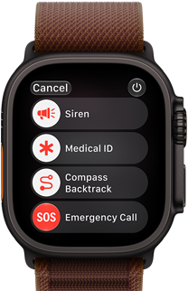 „Apple Watch Ultra 4“, titano korpusas, juodos spalvos, palydovinis ryšys, dešiniosios pusės išorinė dalis, „Digital Crown“, iškilęs šoninis mygtukas, „Alpine“ apyrankė, Burgundijos spalvos