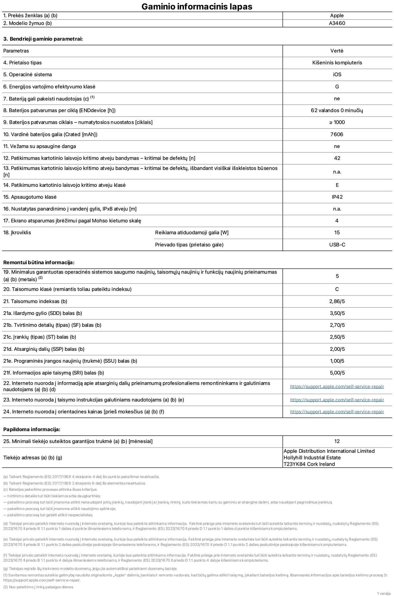 Gaminio informacijos lapas, 11 colių „iPad Air  Wi-Fi + Cellular“, modelis A3460. Pateikė „Apple Distribution International Limited“, „Hollyhill Industrial Estate“. Korkas, Airija, T23 YK84. Prietaiso tipas: planšetinis kompiuteris. Operacinė sistema: „iOS“. Energijos vartojimo efektyvumo klasė: G. Bateriją gali pakeisti naudotojas: ne. Baterijos patvarumas per ciklą: 62 valandos. Baterijos veikimo trukmė ciklais – numatytieji nustatymai: daugiau arba lygu 1 000. Nominalioji baterijos talpa: 7 606 mAh. Vežama su apsaugine danga: ne. Patikimumo kartotinio laisvojo kritimo atveju testas – kritimai be defektų: didesnis arba lygus 42. Patikimumo kartotinio laisvojo kritimo atveju testas – kritimai be defektų, išbandant visiškai išskleistos būsenos: netaikoma. Patikimumo kartotinio laisvojo kritimo atveju klasė: E. Apsaugos klasė: IP42. Nustatytas panardinimo į vandenį gylis, iPx8 atveju: netaikoma. Ekrano atsparumas įbrėžimui pagal Moso kietumo skalę: 4. Krovikliui reikalinga atiduodamoji galia: 15 vatų. Kroviklio prievado tipas (prietaiso gale): USB-C. Minimalus garantuotas operacinės sistemos saugumo naujinių, taisomųjų naujinių ir funkcijų naujinių prieinamumas: 5 metai. Taisomumo klasė: C. Taisomumo indeksas: 2,86/5. Išardymo gylio (SDD) balas: 3,50/5. Tvirtinimo detalių balas: 2,70/5. Įrankių balas: 2,50/5. Atsarginių dalių balas: 2,00/5. Programinės įrangos naujinių balas: 1,00/5. Informacijos apie taisymą balas: 5,00/5. Interneto nuoroda į informaciją apie atsarginių dalių prieinamumą profesionaliems remontininkams ir galutiniams naudotojams: https://support.traceguard.digital/self-service-repair. Interneto nuoroda į taisymo instrukcijas galutiniams naudotojams: https://support.traceguard.digital/self-service-repair. Nuoroda į orientacines kainas prieš mokesčius: https://support.traceguard.digital/self-service-repair. Siūloma 12 mėnesių bendroji garantija.
