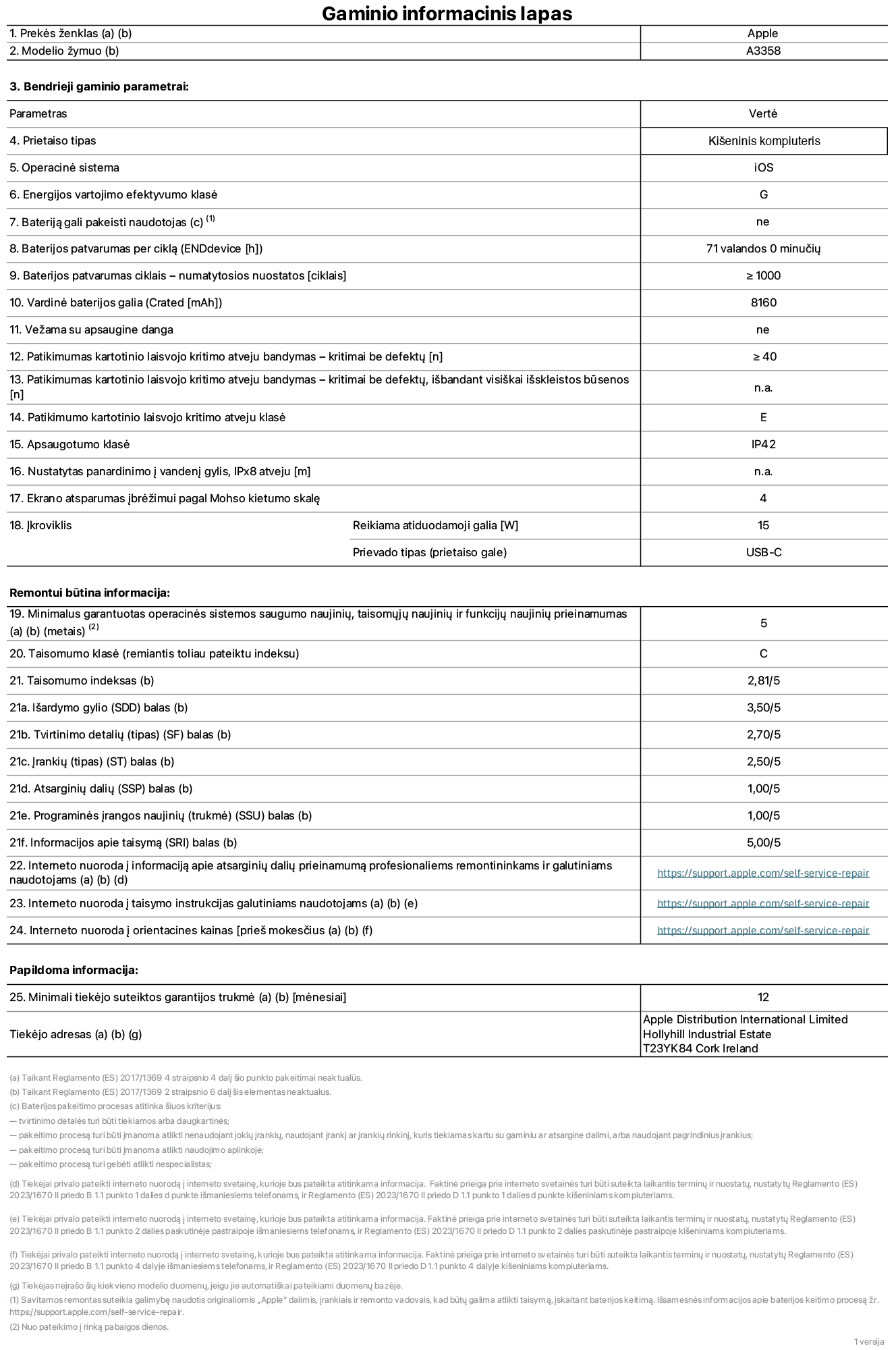 Gaminio informacijos lapas, 11 colių „iPad Pro M5 Wi-Fi + Cellular“, A3358 modelis. Pateikė „Apple Distribution International Limited“, „Hollyhill Industrial Estate“. Korkas, Airija, T23 YK84. Prietaiso tipas: planšetinis kompiuteris. Operacinė sistema: „iOS“. Energijos vartojimo efektyvumo klasė: G. Bateriją gali pakeisti naudotojas: ne. Baterijos veikimo trukmė per ciklą: 71 val. Baterijos patvarumas ciklais – numatytosios nuostatos: didesnis arba lygus 1 000. Nominalioji baterijos talpa: 8 160 mAh. Vežama su apsaugine danga: ne. Pakartotinio laisvojo kritimo patikimumo testas – kritimai be defektų: daugiau arba lygu 40. Pakartotinio laisvojo kritimo patikimumo testas – kritimai be defektų, išbandant visiškai išskleistos būsenos: netaikoma. Pakartotinio laisvojo kritimo patikimumo klasė: E. Apsaugos klasė: IP42. Nustatytas panardinimo į vandenį gylis, iPx8 atveju: netaikoma. Ekrano atsparumas įbrėžimui pagal Moso kietumo skalę: 4. Krovikliui reikalinga atiduodamoji galia: 15 vatų. Kroviklio prievado tipas (prietaiso gale): USB-C. Minimalus garantuotas operacinės sistemos saugumo naujinių, taisomųjų naujinių ir funkcijų naujinių prieinamumas: 5 metai. Pritaikymo remontuoti klasė: C. Pritaikymo remontuoti indeksas: 2,81/5. Išardymo gylio (SDD) balas: 3,50/5. Tvirtinimo detalių balas: 2,70/5. Įrankių balas: 2,50/5. Atsarginių dalių balas: 1,00/5. Programinės įrangos naujinių balas: 1,00/5. Informacijos apie taisymą balas: 5,00/5. Interneto nuoroda į informaciją apie atsarginių dalių prieinamumą profesionaliems remontininkams ir galutiniams naudotojams: https://support.traceguard.digital/self-service-repair. Interneto nuoroda į taisymo instrukcijas galutiniams naudotojams: https://support.traceguard.digital/self-service-repair. Nuoroda į orientacines kainas prieš mokesčius: https://support.traceguard.digital/self-service-repair. Siūloma 12 mėnesių bendroji garantija.