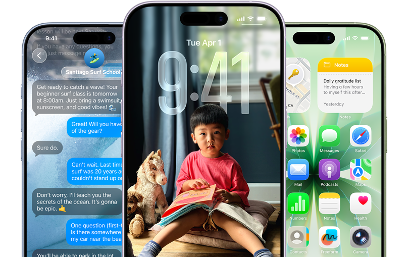 „iPhone 17“ telefonai iš priekio. Spalvos: mėlynos miglos, levandų, šalavijo žalia. „iOS“ funkcijos – fonas su žinutėmis, „Liquid Glass“, rodantis užrakintą ekraną ir pagrindinį ekraną su įvairiomis programomis