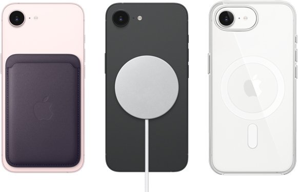 „iPhone 17e“, nugarėlė, švelnios rožinės spalvos, „FineWoven Wallet“ su prijungtu „MagSafe“, „iPhone 17e“, nugarėlė, juodos spalvos, „MagSafe“ įkroviklis, „iPhone 17e“, nugarėlė, baltos spalvos, skaidrus dėklas su prijungtu „MagSafe“