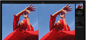 „Studio Display“ ekrane rodomos dvi to paties vaizdo versijos: dešinėje esanti versija patobulinta naudojant AI ir yra aiškesnė už kairėje esančią.