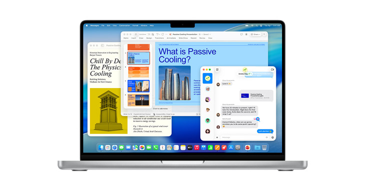 Démonstration d’apps comme Microsoft PowerPoint, Messages et Pages sur un MacBook Pro 14″.