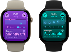 Divas Apple Watch Series 12 ierīces: alumīnija ietvars, gaiša zelta krāsa, dienas veselības stāvokļa mērījumi ar nelielu atkāpi no normas, Digital Crown, smilšu krāsas sporta siksniņa, alumīnija ietvars, melns, labi nakts veselības stāvokļa mērījumi, Digital Crown, melna sporta siksniņa