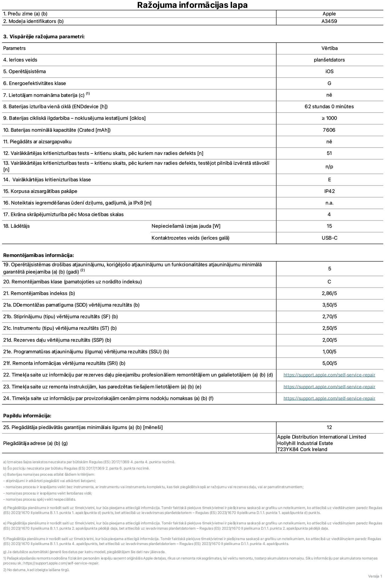 Produkta informācijas lapa – 11 collu iPad Air Wi-Fi, modelis A3459. Piegādātājs: Apple Distribution International Limited, Hollyhill Industrial Estate. Korka, Īrija, T23 YK84. Ierīces veids: planšetdators. Operētājsistēma: iOS. Energoefektivitātes klase: G. Lietotāja paša spēkiem nomaināms akumulators: nē. Akumulatora izturība vienā ciklā: 62 stundas. Akumulatora cikliskā izturība – noklusējuma iestatījumi: lielāka par vai vienāda ar 1000. Akumulatora nominālā kapacitāte: 7606 miliampērstundas. Piegādāts ar aizsargapvalku: nē. Vairākkārtējas kritienizturības tests – kritienu skaits, pēc kuriem nav radies defekts: lielāks par vai vienāds ar 51. Vairākkārtējas kritienizturības tests – kritienu skaits, pēc kuriem nav radies defekts, testējot pilnībā izvērstā stāvoklī: nav piemērojams. Vairākkārtējas kritienizturības klase: E. Korpusa aizsargātības pakāpe: IP42. Noteiktais iegremdēšanas ūdenī dziļums, gadījumā, ja IPx8: nav piemērojams. Ekrāna skrāpējumizturība pēc Mosa cietības skalas: 4. Lādētājam nepieciešamā izejas jauda: 15 vati. Lādētāja kontaktrozetes veids (ierīces galā): USB-C. Operētājsistēmas drošības atjauninājumu, koriģējošo atjauninājumu un funkcionalitātes atjauninājumu minimālā garantētā pieejamība: 5 gadi. Remontējamības klase: C. Remontējamības indekss: 2,86/5. Demontāžas pamatīguma (SDD) vērtējuma rezultāts: 3,50/5. Stiprinājumu vērtējuma rezultāts: 2,70/5. Instrumentu vērtējuma rezultāts: 2,50/5. Rezerves daļu vērtējuma rezultāts: 2,00/5. Programmatūras atjauninājumu vērtējuma rezultāts: 1,00/5. Remonta informācijas vērtējuma rezultāts: 5,00/5. Tīmekļa saite uz informāciju par rezerves daļu pieejamību profesionāliem remontētājiem un galalietotājiem: https://support.traceguard.digital/self-service-repair. Tīmekļa saite uz remonta instrukcijām, kas paredzētas galalietotājiem: https://support.traceguard.digital/self-service-repair. Tīmekļa saite uz informāciju par provizoriskajām cenām pirms nodokļu nomaksas: https://support.traceguard.digital/self-service-repair. Piedāvātās garantijas standarta ilgums: 12 mēneši.