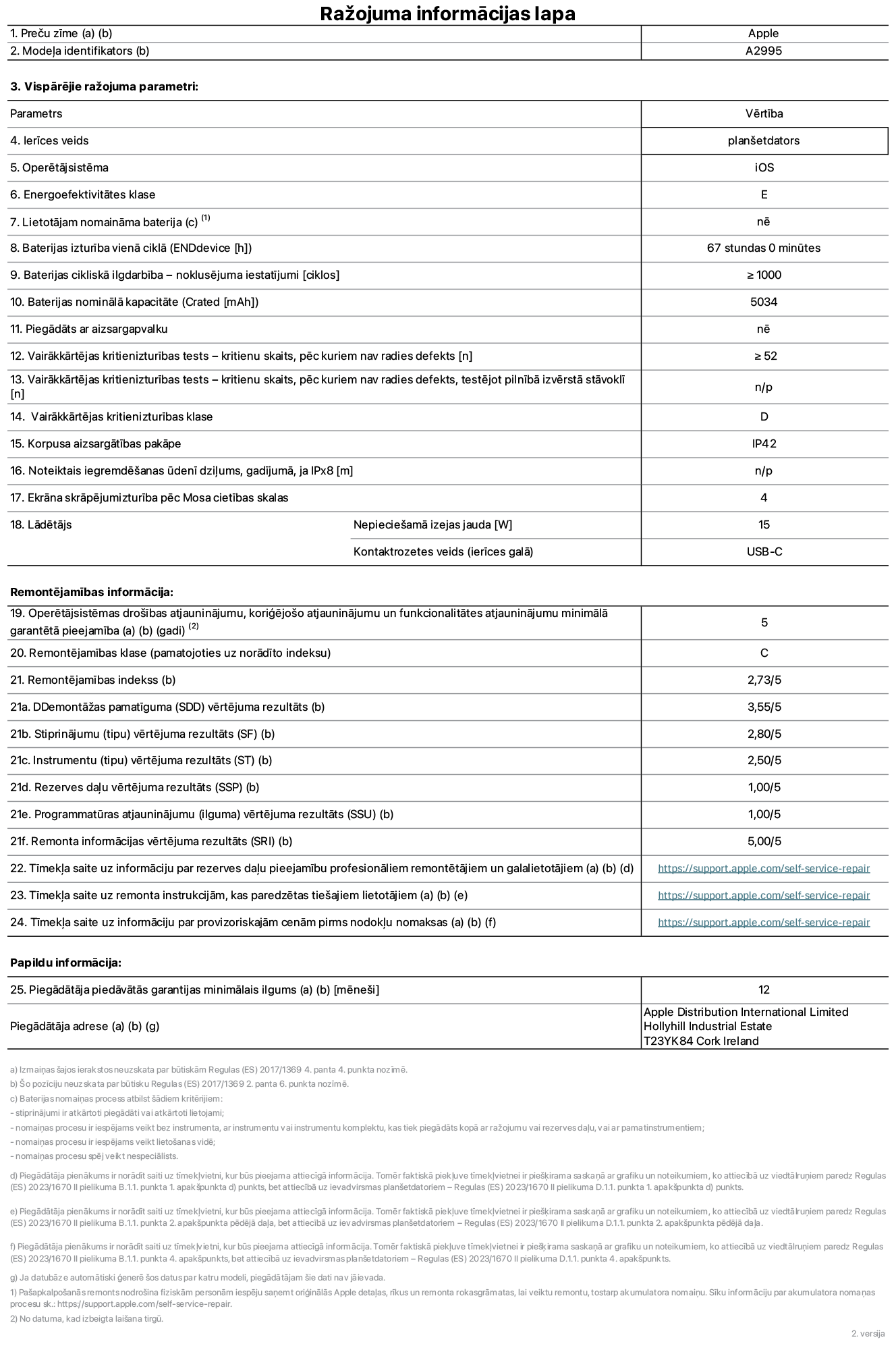 Produkta informācijas lapa – iPad mini Wi-Fi + Cellular, modelis A2995. Piegādātājs: Apple Distribution International Ltd, Hollyhill Industrial Estate. Korka, Īrija T23 YK84. Ierīces veids: planšetdators. Operētājsistēma: iOS. Energoefektivitātes klase: E. Lietotāja paša spēkiem nomaināms akumulators: nē. Akumulatora izturība: 67 stundas. Akumulatora cikliskā izturība: lielāka par vai vienāda ar 1000. Akumulatora nominālā kapacitāte: 5034 mAh. Vairākkārtējas kritienizturības tests – kritienu skaits, pēc kuriem nav radies defekts: lielāks par vai vienāds ar 52. Vairākkārtējas kritienizturības klase: D. Korpusa aizsargātības pakāpe: IP42. Ekrāna skrāpējumizturība pēc Mosa cietības skalas: 4. Lādētājam nepieciešamā izejas jauda: 15 W. Lādētāja kontaktrozetes veids: USB-C. Operētājsistēmas drošības atjauninājumu, koriģējošo atjauninājumu un funkcionalitātes atjauninājumu minimālā garantētā pieejamība: 5 gadi. Remontējamības klase: C. Remontējamības indekss: 2,73/5. Demontāžas pamatīguma vērtējuma rezultāts: 3,55/5. Stiprinājumu vērtējuma rezultāts: 2,80/5. Instrumentu vērtējuma rezultāts: 2,50/5. Rezerves daļu vērtējuma rezultāts: 1,00/5. Programmatūras atjauninājumu vērtējuma rezultāts: 1,00/5. Remonta informācijas vērtējuma rezultāts: 5,00/5. Tīmekļa saite uz informāciju par rezerves daļu pieejamību profesionāliem remontētājiem un galalietotājiem: https://support.traceguard.digital/self-service-repair. Tīmekļa saite uz remonta instrukcijām, kas paredzētas galalietotājiem: https://support.traceguard.digital/self-service-repair. Tīmekļa saite uz informāciju par provizoriskajām cenām pirms nodokļu nomaksas: https://support.traceguard.digital/self-service-repair. Piedāvātās garantijas standarta ilgums: 12 mēneši.