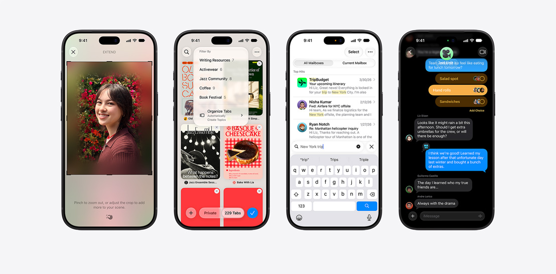 An array of iPhone 17 and 17 Pro devices each with a different screen showcasing iOS 26 and Apple Intelligence features