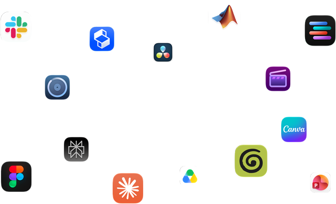 Dažādi aplikāciju simboli izvietoti ap tekstu: Aplikācijas burtiski lido ar macOs