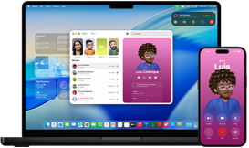 MacBook Pro un iPhone 16 Plus, atvērta Phone aplikācija, abos ekrānos tiek rādīta viena un tā pati kontaktpersona