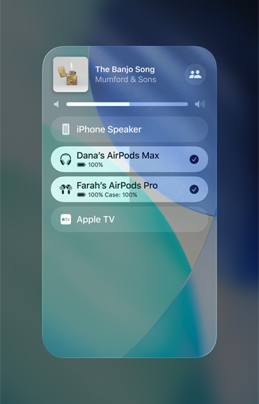 AirPlay screen on iPhone showing how to easily share an audio stream between two sets of AirPods
