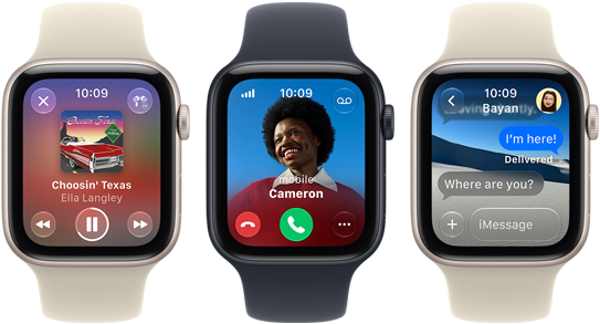 Three Apple Watch SE 3 devices next to each other, one showing the Apple Music app, one showing an incoming phone call, and one showing a Messages exchange
