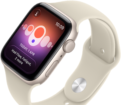 Apple Watch SE 3, aluminum case, starlight color, Cycle Tracking with different menstrual symptoms, right side exterior, Digital Crown, side button, Sport Band, sand color