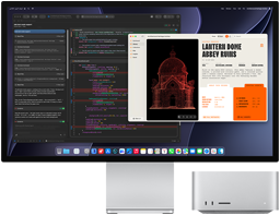 شاشة Studio Display XDR، شاشة تعرض مستنداً قيد المعالجة باستخدام Claude Agent في XCode، جهاز Mac Studio، الجهة الأمامية