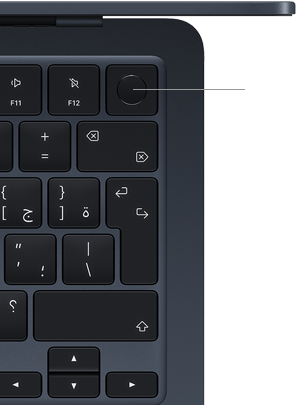 صورة للجانب الأيمن العلوي من لوحة مفاتيح MacBook&nbsp;Air، توضح موضع زر بصمة الإصبع