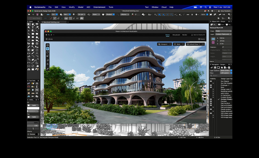 MacBook Pro screen showing Vectorworks Design Suite with Maxon Redshift