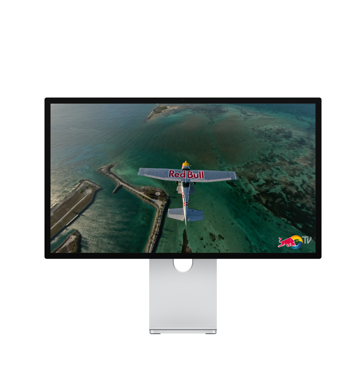 شاشة Studio Display XDR محاطة برسوم توضيحية لموجات صوتية