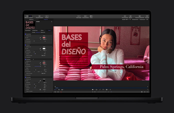 Pantalla de una MacBook Pro de 16 pulgadas, Final Cut Pro, diseño gráfico, superposición de tipografía, persona con un suéter blanco, muebles rosa, habitación rosa