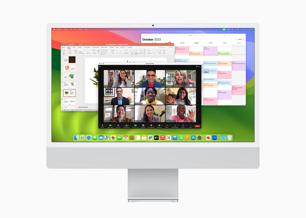 Microsoft PowerPoint, Zoom, and Calendar are shown on the new iMac with M3 in silver as part of macOS Sonoma.