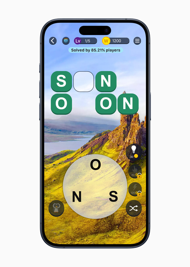 A still from the game Crossword Jam+ is shown on iPhone 15 Pro