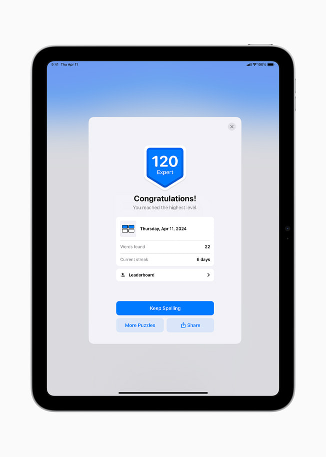A scoreboard in Apple News+ Puzzles is shown on an iPad (10th generation).