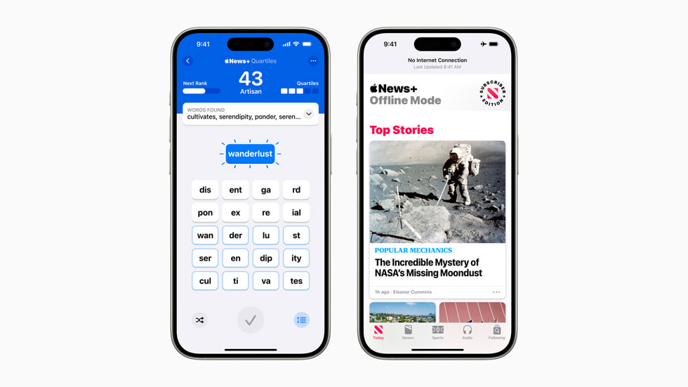 Quartiles, a new original spelling game, and Offline Mode, are shown on two iPhone 15 Pro devices.