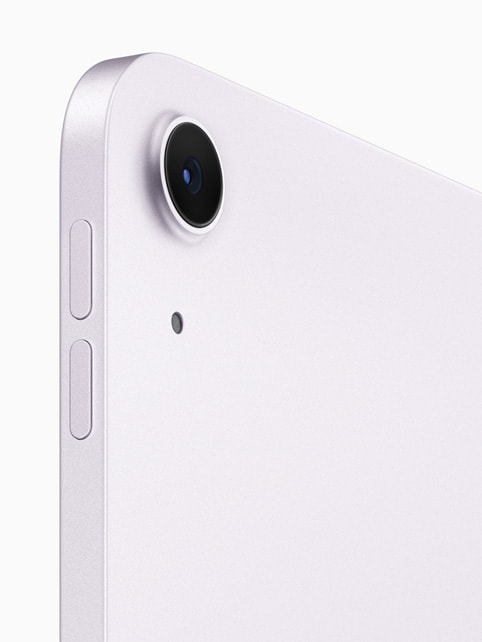A close-up of the cameras and side buttons on the new iPad Air.
