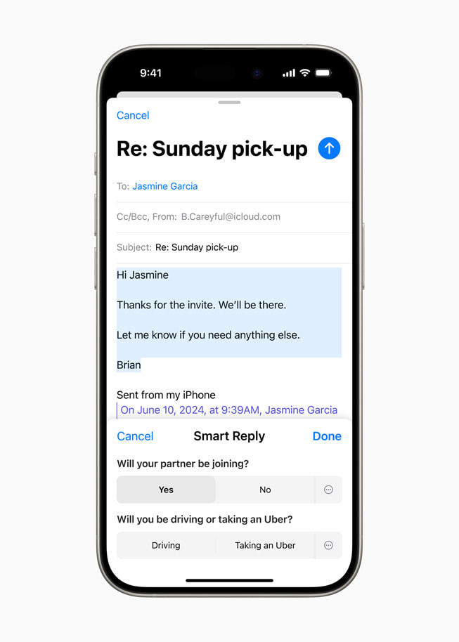 The Smart Reply feature is shown on iPhone 15 Pro.