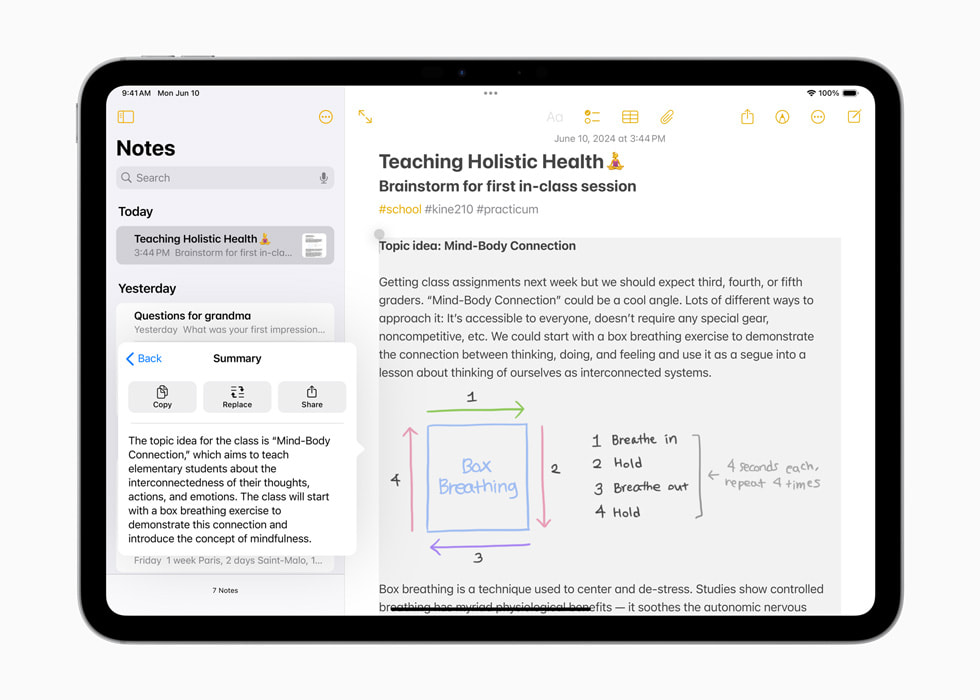 A user opens the Notes app and chooses the Summarize tool for their notes on holistic health.