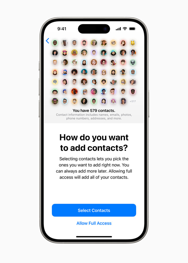 Mensaje en el que se le pregunta al usuario cómo quiere agregar contactos y las opciones para seleccionar contactos y permitir el acceso total en un iPhone 15 Pro.