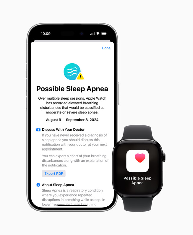 Nouvelle fonctionnalité de notification d’apnée du sommeil affichée sur Apple Watch Series 10 et iPhone 16 Pro.