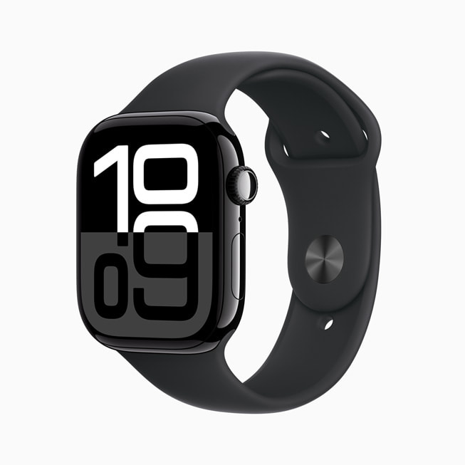 Apple Watch Series 10 z nową kopertą z polerowanego aluminium w kolorze onyksu.