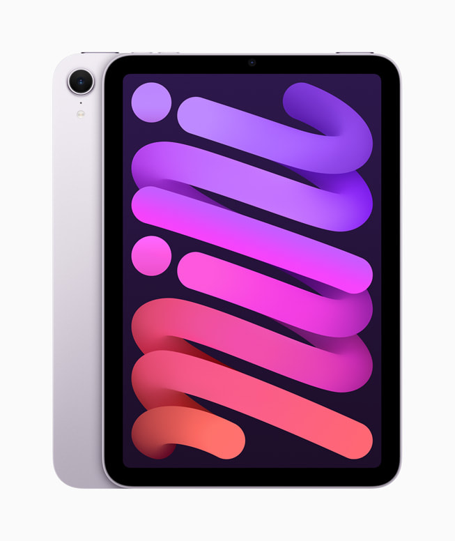 The new iPad mini is shown in the new purple color.