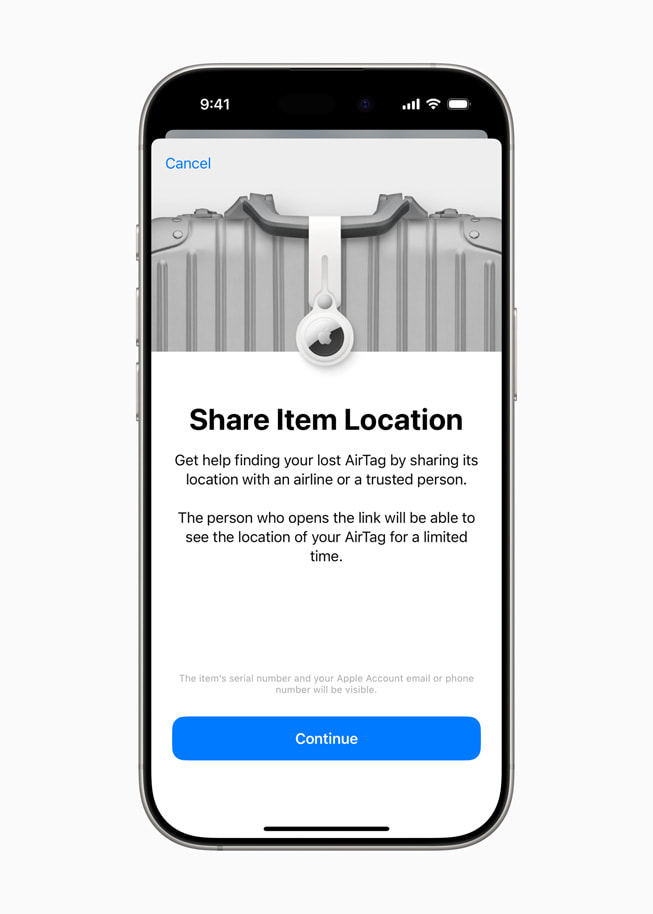 In Find My on iPhone 16 Pro, a user sees the Share Item Location screen.