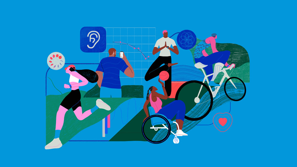 An illustration showing the Apple ecosystem surrounding health and wellness.