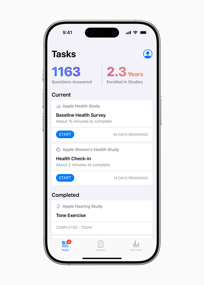 On iPhone 16 Pro, a screen in the Research app shows a user’s tasks and stats.