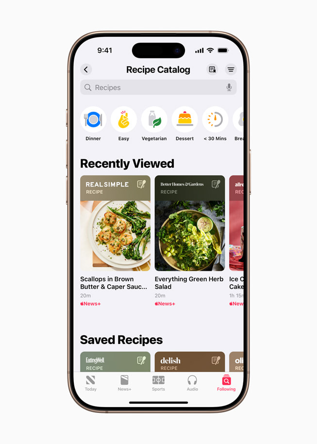 El catálogo de recetas en la nueva sección Food en la app Apple News. 