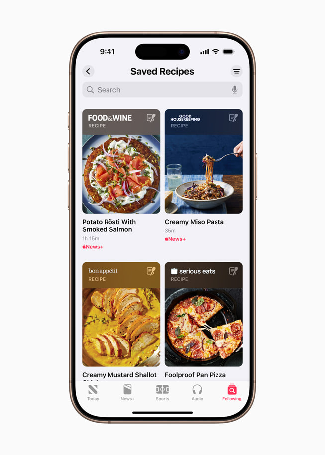 Recetas guardadas en la sección Food de Apple News+.