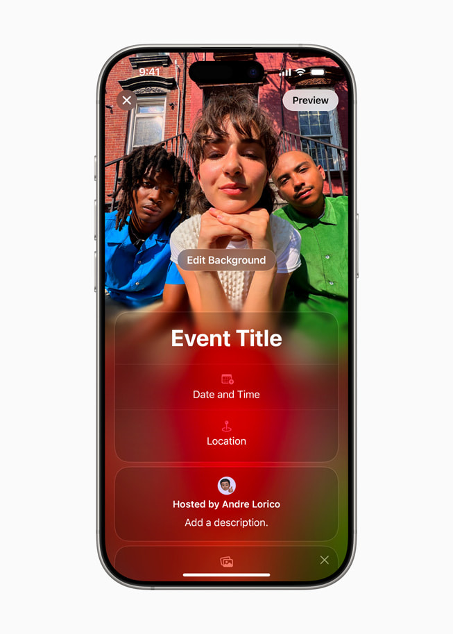 On iPhone 16 Pro, a screen in the Apple Invites app prompts a user to give their event a name and choose a photo.