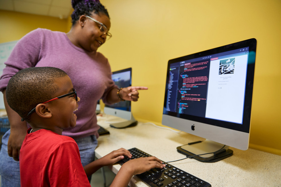 Ellis Marsalis Center for Music participant Jahaad Applebee works in Swift with his teacher LaTasha Bundy in the Mac lab at the centre.