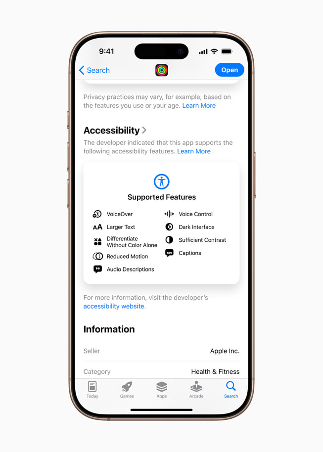 On the App Store, the Apple Fitness app’s product page shows Accessibility Nutrition Labels.